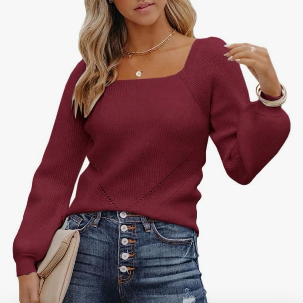 Square Neck Ribbed Red Sweater. Puff Sleeves. Size Extra Large